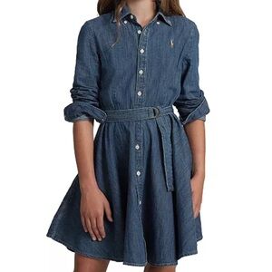 Ralph Lauren Girls Denim Dress | Ralph Lauren Belted Denim Cotton Shirtdress